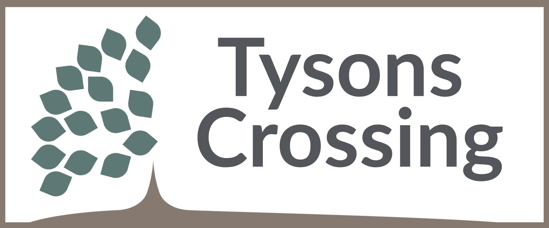 A logo with a tree and the words "Tysons Crossing" in the middle.